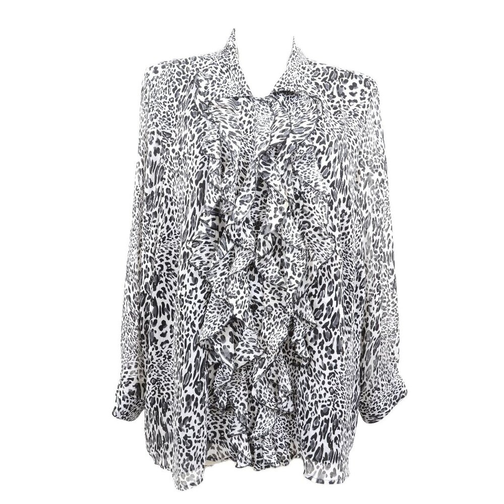 Avenue PLUS Size 4X 30/32 Semi Sheer Lined Triple Ruffle Animal Button Up Blouse